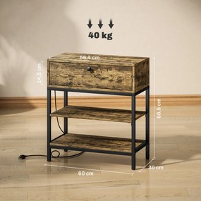 Mesinha Auxiliar Industrial com Estação de Carga Gaveta e Prateleiras Abertas 60x30x66,5 cm Castanho Rústico