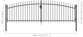 Portão de cerca com porta dupla e topo em lanças 400x150 cm