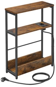 Mesa lateral fina VASAGLE com filtro de linha, mesa de cabeceira de 3 níveis, mesa lateral, para espaços pequenos, porta-revistas, sala de estar, quarto, escritório, marrom rústico e preto-escuro LET335K02