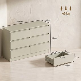 Cómoda com 6 Gavetas, Design Moderno de Coluna Dupla, para Quarto e Sala, 100 x 35 x 69 cm, Castanho Claro