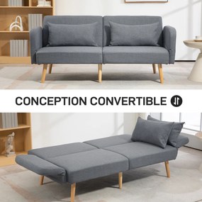 Sofá-cama de 3 lugares de design 170 (L) x 83 (P) x 80 (A) cm, com encosto reclinável e braços ajustáveis, em tecido cinzento com efeito de linho
