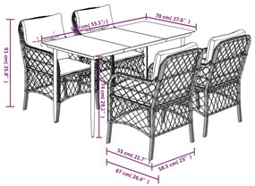 5 pcs conjunto jantar p/ jardim c/ almofadões vime PE castanho