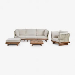 Conjunto De Sala De Estar Com Sofá Modular De 3 Peças Com 2 Poltronas De Canto, Mesa De Centro, Poltrona E Pufe Em Madeira De Ac Castanho Acácia -