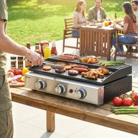 Grelhador a Gás com 3 Queimadores 7,5 kW Barbecue Portátil com Placa Grelha de Aquecimento e Recipiente de Gordura Preto