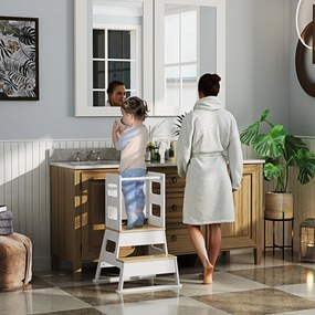 Torre de Aprendizagem para Crianças dos 3-6 Anos com Quadro e Grade de Segurança para Cozinha e Casa de Banho 55x52,5x87,5 cm Branco