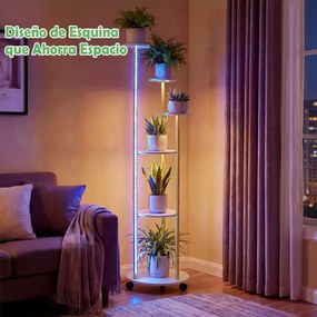 Suporte para plantas de canto com 6 níveis 45 x 43 x 146,5 cm, rodas bloqueáveis, luzes LED com 16 cores, comando à distância, branco
