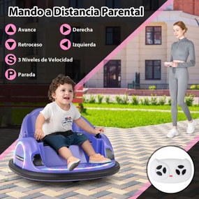 Carrinho choques elétrico para crianças 6v com controlo remoto, luz LED, buzina e música, rotação de 360° com cinto de segurança roxo