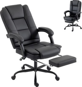 Cadeira de escritório ergonómica, cadeira de escritório reclinável em PU com apoio para os pés retrátil, altura ajustável, preta