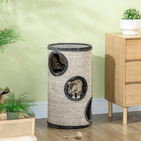 Barril para gatos arranharem, torre de arranhar em sisal com 3 níveis revestida a pelúcia, Ø 38 x 70 cm, cinzento claro
