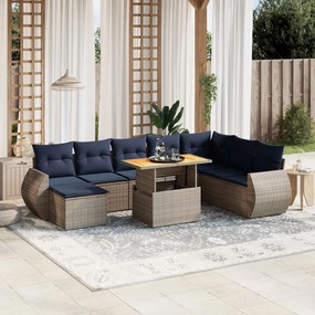 vidaXL 9 pcs conjunto sofás p/ jardim c/ almofadões vime PE cinzento