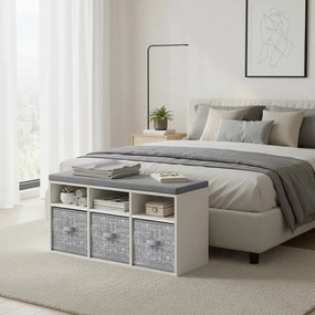 Banco arrumação 87 x 30,3 x 48 cm com 6 compartimentos e 3 caixas, banco para sapatos para a entrada, branco-cinza