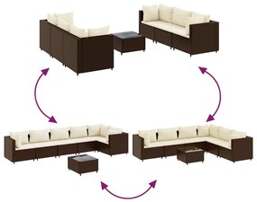 7 pcs conjunto lounge de jardim c/ almofadões vime PE castanho