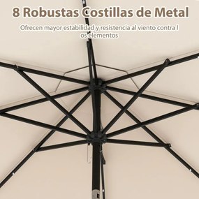 Guarda-sol de 300 cm com 24 luzes LED, parte superior ventilada, folhos e ajuste de inclinação Bege