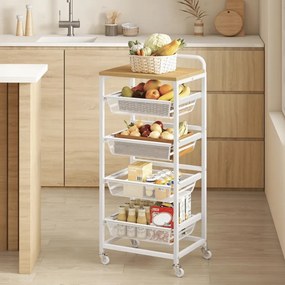Carrinho de cozinha 31,7 x 40 x 95 cm com vários níveis e cestos extraíveis carvalho dourado-branco 