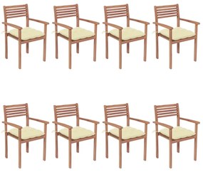 Cadeiras de jardim empilháveis c/ almofadões 8 pcs teca maciça