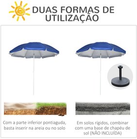 Chapéu de Sol de Praia com Painel Lateral Manivela Manual Teto Inclinável 2 Bolsos e 2 Janelas Ø191x211 cm Azul