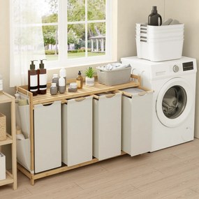 Cesto da roupa suja com 4 compartimentos, bambu 200 L, 124,6 x 33 x 78 cm branco