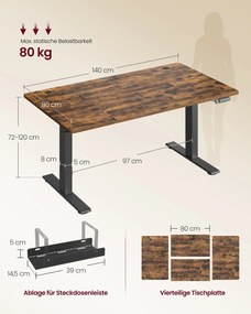 Secretária com altura ajustável 140 x 80 x (72-120) cm, porta USB e função de memória, castanho vintage