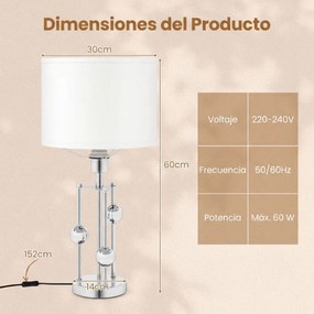 Candeeiro de mesa moderno com base E27 Abajur de linho Bolas decorativas para quarto Sala de estar Estúdio Prateado + Branco