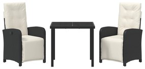 Conjunto de Jantar de 3 Peças vidaXL com Almofadas em Rattan Preto