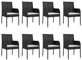 9 pcs conjunto de jantar p/ jardim c/ almofadões vime PE preto