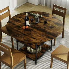 Mesa de Jantar Redonda 120 CM para 4-6 Pessoas de Cozinha Estilo Rústico com Estante Aberta de 2 Níveis Estrutura Metálica Castanha