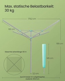 Estendal de roupa giratório 179,2 x 179,2 x 199 cm com capa protetora e 60 m de corda para 6 cargas de roupa Prateado