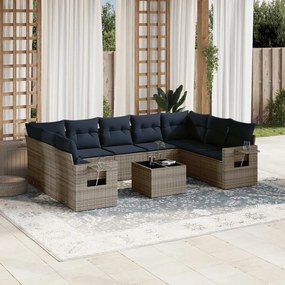 vidaXL 10 pcs conjunto sofás p/ jardim c/ almofadões vime PE cinzento