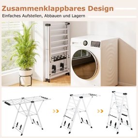 Estendal dobrável 141 x 56 x 99–148 cm com braços ajustáveis, pinças para meias e prateleira para sapatos, estendal para roupa, cor branca
