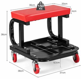 Banco de oficina garagem e escritório com 4 rodas universais assento acolchoado para ferramentas com bandeja 38 x 37 x 36 cm preto e vermelho