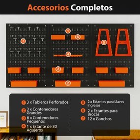 Organizador de parede Ferramentas (Não Incluidas) 120 x 60 x 2 cm com painel perfurado com 9 recipientes  Preto e laranja