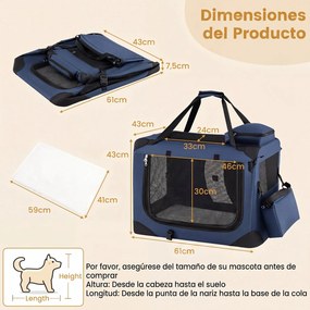 Transportadora dobrável tamanho S 61 x 43 x 43 cm para animais de estimação, com janelas de rede, 3 portas, cama felpuda e bolsos removíveis, para uso