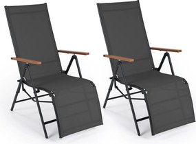 Conjunto de 2 Espreguiçadeiras Dobráveis, 72-138 x 57 x 91-110 cm, Encosto Ajustável em 5 Posições, Preto