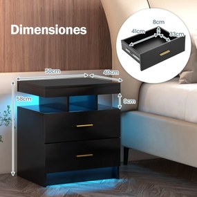 Mesa de cabeceira LED com 2 gavetas Mesa de cabeceira moderna com modo de luz ajustável e controlo remoto 50 x 40 x 58 cm Preto