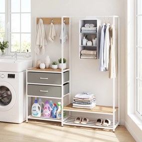 Guarda roupa aberto 138 x 35 x 161 cm com 2 gavetas dobráveis, estantes abertas, 3 ganchos, bolsa e 3 cubos organizadores Natural, branco