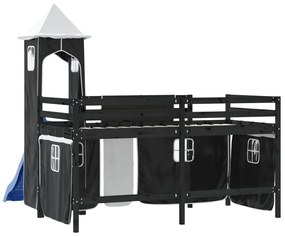 Cama alta criança c/ torre 90x200 cm pinho maciço branco/preto