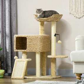 Arranhador  para gatos com arranhador, nicho, cesto de observação, plataformas e pompons suspensos, 60 x 40 x 98 cm, bege