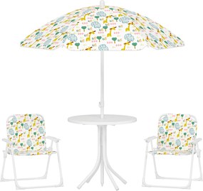 AIYAPLAY Conjunto Infantil de Mesa e Cadeiras de Jardim 4 Peças Cadeiras Dobráveis Chapéu de Sol Ajustável Design de Elefantes Branco | Aosom Portugal
