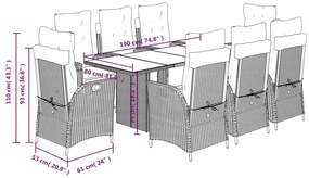 9 pcs conjunto de jantar p/ jardim c/ almofadões cinzento claro