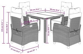 5 pcs conjunto de jantar p/ jardim c/ almofadões vime PE preto