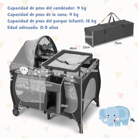 Berço de viagem dobrável 5 em 1 Centro de berçário portátil para bebés com Moisés Berço Trocador Toldo Música Rodas 102 x 72 x 74 cm Cinzento