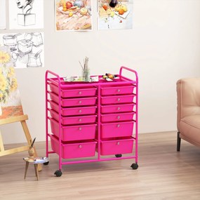 Carrinho auxiliar com rodas e 12 gavetas empilháveis 64 x 38 x 75 cm com estrutura metálica para cozinha, escritório e casa de banho Rosa