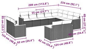 12 pcs conjunto de sofás de jardim c/ almofadões vime PE preto