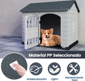 Casota de plástico para cães com 3 janelas e porta com fechadura, telhado inclinado, para interior e exterior, 75 x 58 x 65 cm, Cinzento