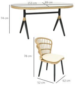 Conjunto de Refeição de Vime Sintético de 7 Peças Inclui 6 Cadeiras com Almofadas e Mesa de Vidro Temperado Natural