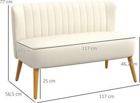 Sofá pequeno de 2 lugares  117 x 56,5 x 77 cm, sofá de sala em tecido com aspeto de linho, assento almofadado e pés em madeira de seringueira, creme