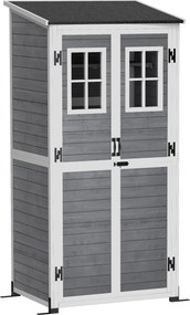 Outsunny Abrigo de armazenamento para jardim, abrigo de ferramentas com 2 janelas, estacas para base, telhado em betume, 91 x 69 x 192 cm, madeira de pinho, Cinzento claro | Aosom Portugal