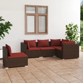 5 pcs conjunto lounge de jardim c/ almofadões vime PE castanho