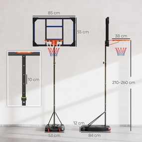 Cesto de basquetebol para crianças, altura ajustável entre 210 e 260 cm (exterior e interior), com rodas e base de lastro, azul e preto