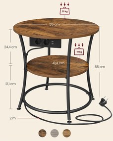Mesa de apoio 55 cm de 2 níveis com 2 tomadas CA, 2 portas USB-A castanho vintage-Preto